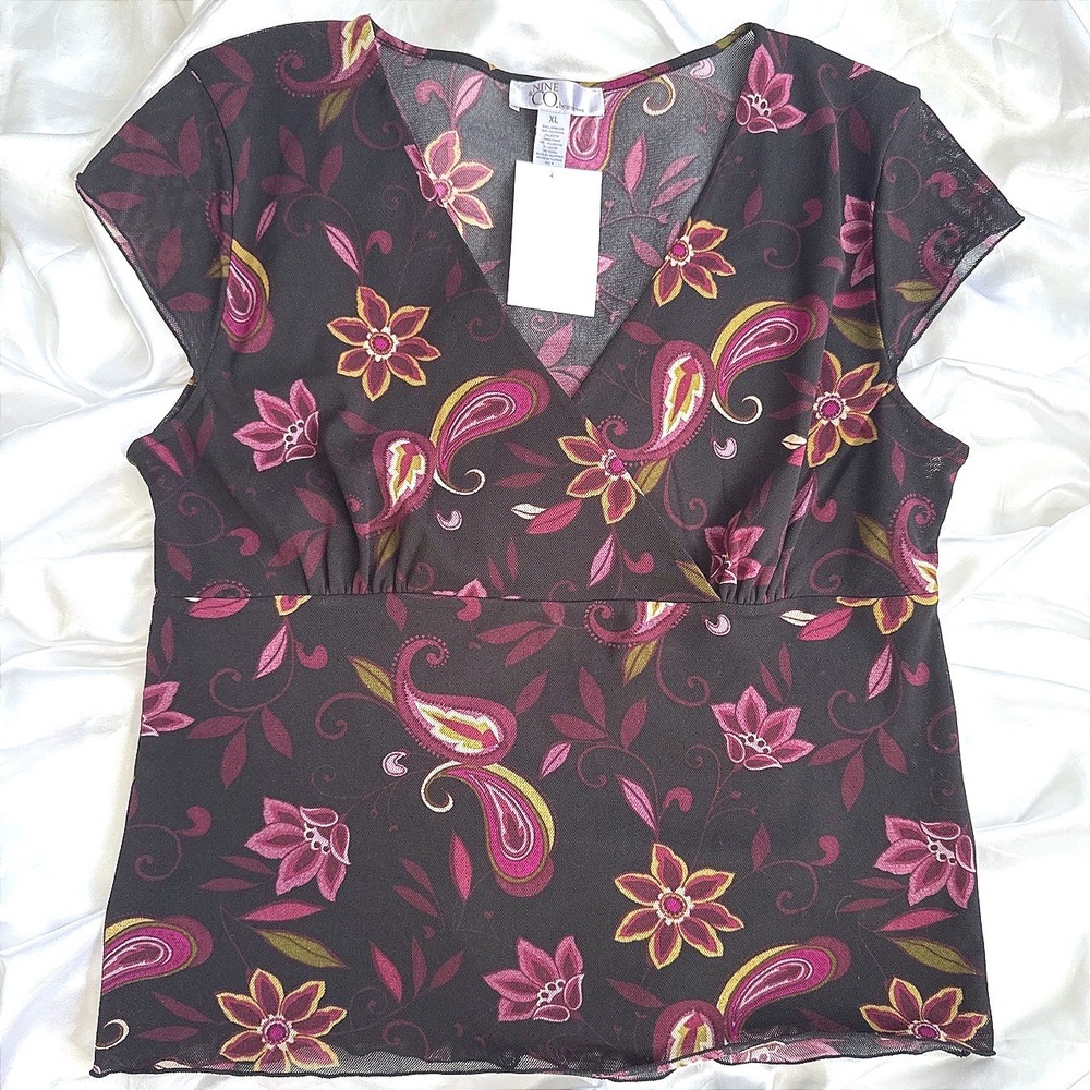 Nine & Co by Nine West Floral Paisley Mesh V-Neck Blouse XL NWT Y2K Pink Purple